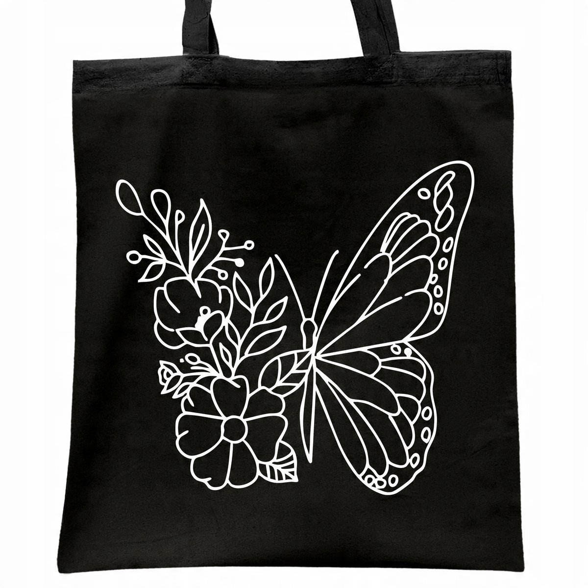 Torba bawełniana czarna na zakupy Motyl Kwiaty Abstrakcja