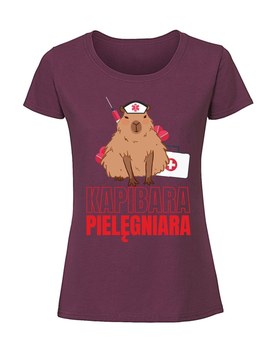Damska koszulka z nadrukiem - capybara pielęgniara Burgundowy L