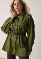 Koszule damskie - Zielona Długa Koszula Oversize z Bawełny i Wiskozy z Paskiem z Klamrą Thessalonike - miniaturka - grafika 1