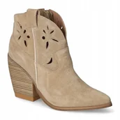 Botki damskie - Beżowe ażurowe botki kowbojki damskie CARINII B9483-O17 skóra zamszowa r.38 - miniaturka - grafika 1