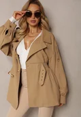Płaszcze damskie - Brązowy Płaszcz o Krótkim Fasonie z Paskiem i Elastyczną Talią oraz Bufiastymi Rękawami Pathia - miniaturka - grafika 1