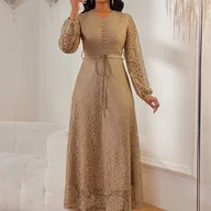 Sukienki - TEMU Wiosenno-Jesienna Sukienka Damska, Modna i Elegancka, Biuro Impreza, Koronkowe Kwiaty Jednokolorowa Półprzezroczysta z Paskiem, Dekolt w Serek z - miniaturka - grafika 1