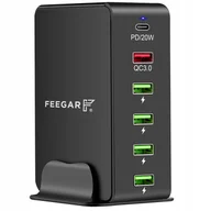 Akcesoria do tabletów i e-booków - Feegar Ładowarka biurkowa / sieciowa Charger Tower 5x USB-A / 1x USB-C PD 86W, czarna - miniaturka - grafika 1