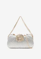 Torebki damskie - Srebrna Cyrkoniowa Torebka Kopertówka z Kwiatową Aplikacją i Łańcuszkiem Fessavia - miniaturka - grafika 1