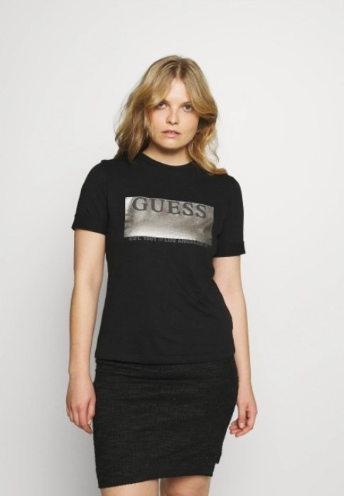 Guess T-Shirt Damski Czarny ze Srebrnym Logo Basic S Włe