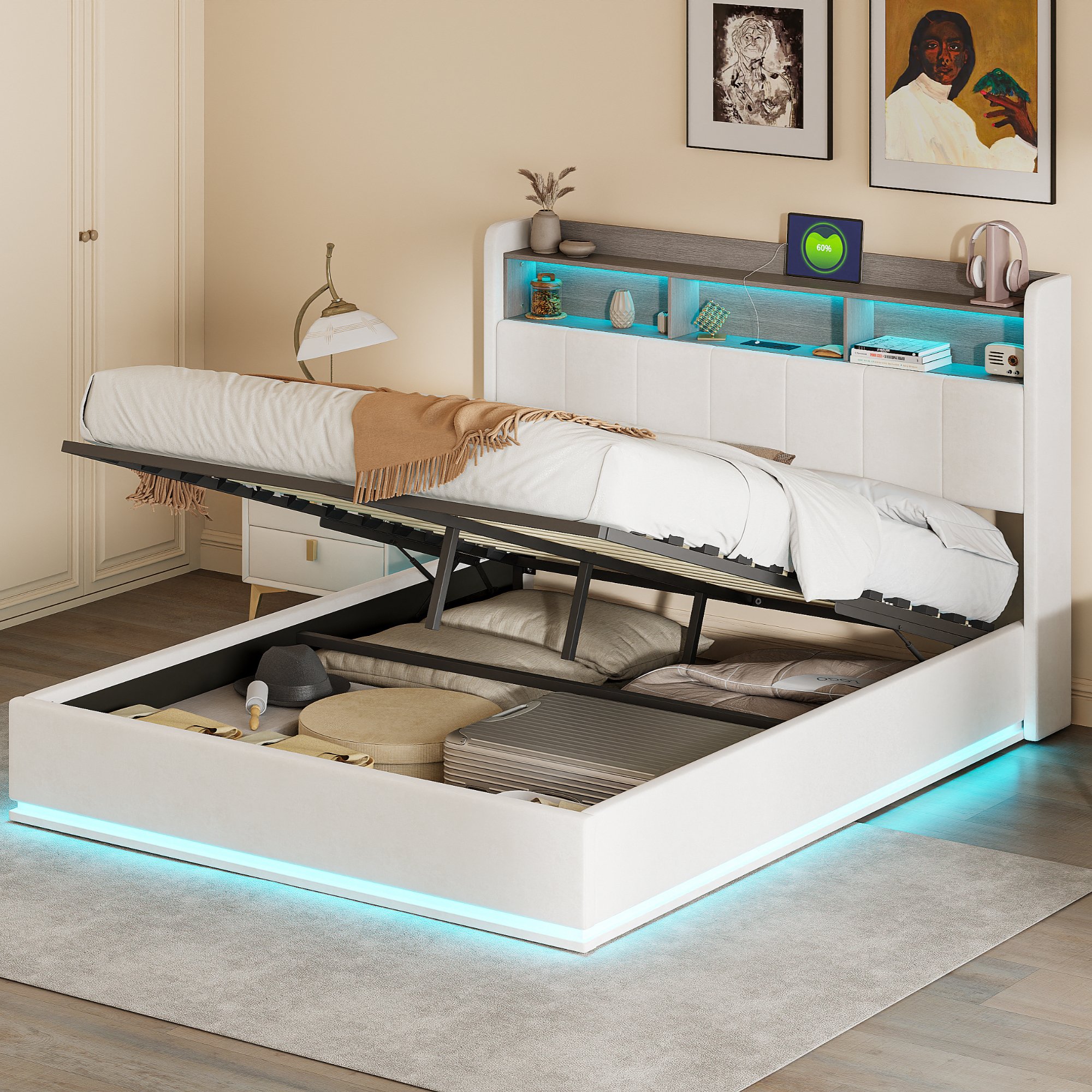 Łóżko tapicerowane Fortuna Lai 140x200cm z USB, łóżko młodzieżowe podwójne ze stelażem listwowym i schowkiem, łóżko do przechowywania z LED, aksamit, beżowy
