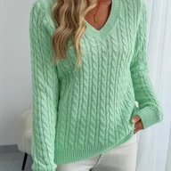 Swetry damskie - TEMU Sweter damski z dekoltem w serek - miękki, długi rękaw w kolorze miętowym, regularny krój na wiosnę i jesień, pranie ręczne/czyszczenie - miniaturka - grafika 1