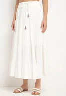 Spódnice - Jasnobeżowa Rozkloszowana Spódnica z Wiskozy z Wysokim Stanem Gumką w Talii i Falbanami Koeviana - miniaturka - grafika 1