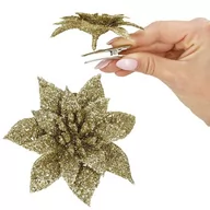 Ozdoby bożonarodzeniowe - Poinsecja 2 szt. sztuczny kwiat, gwiazda betlejemska złota z brokatem, na klipsie - miniaturka - grafika 1