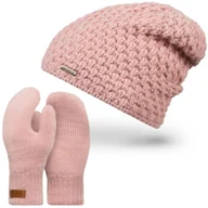Czapki damskie - Pudrowy różowy komplet czapka cz25 + rękawiczki r2 brødrene - miniaturka - grafika 1