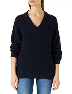 Tommy Hilfiger Damski sweter V-NK z bawełny prążkowanej dzianiny, pustynne niebo, L - Swetry damskie - miniaturka - grafika 1