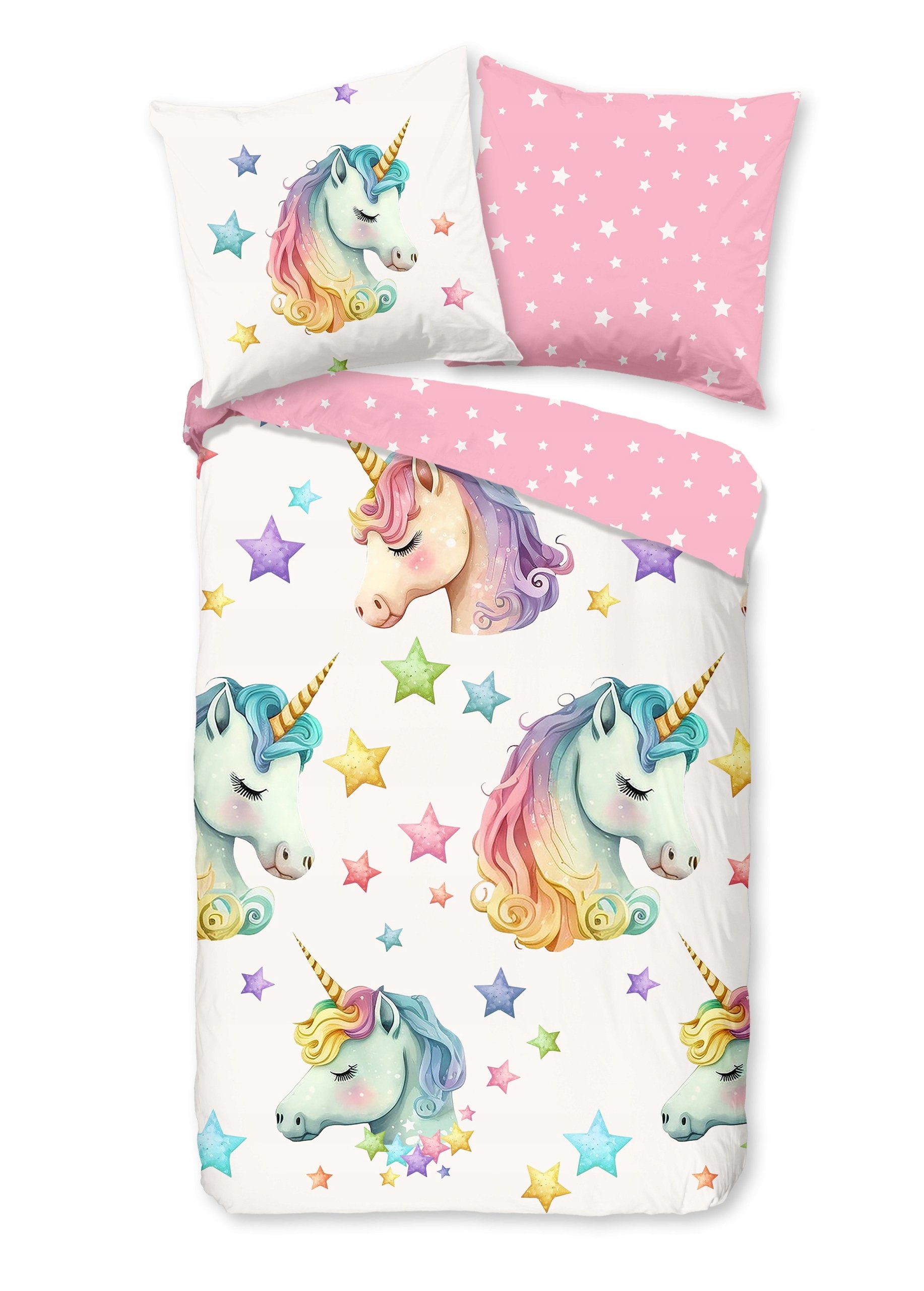 Pościel 140x200 jednorożce tęcza biała różowa dwustronna 135x200