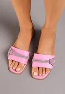 Klapki i japonki damskie - Różowe Płaskie Klapki z Ekoskóry Ozdobione Cyrkoniami Fadara - miniaturka - grafika 1