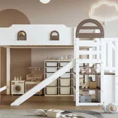 Łóżka dla dzieci i młodzieży - Łóżko antresola 90x200cm - z oknem - ze zjeżdżalnią - schody z poręczą - lite drewno + MDF - biały + brązowy - miniaturka - grafika 1