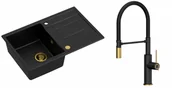 Zlewozmywaki z baterią - Quadron Unique Zlewozmywak granitowy jednokomorowy 78*50*22 cm z ociekaczem MORGAN 111 PURE CARBON z syfonem Push-2-Open w kolorze złotym z baterią GEMMA Q LINE SLIM PURE CARBON z ruchomą wylewką czarny mat/wyk złote/czarny wąż - miniaturka - grafika 1