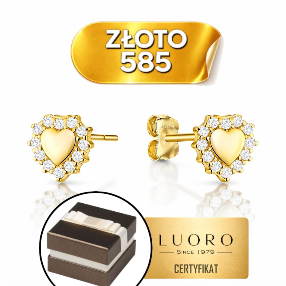 KOLCZYKI ZŁOTE 585 14K SERDUSZKA Z CYRKONIĄ 6 MM SZTYFT ELEGANCKIE