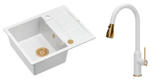 Quadron Unique Zlewozmywak granitowy jednokomorowy 62*50*22 cm z ociekaczem MORGAN 116 SNOW WHITE z syfonem Push-2-Open w kolorze miedzianym z baterią JESSICA Q LINE SNOW WHITE z wyciąganą wylewką i funkcją prysznica kolor biały mat/miedź - Zlewozmywaki z baterią - miniaturka - grafika 1