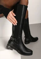 Kozaki damskie - Czarne Kozaki Muszkieterki na Płaskiej Podeszwie Ozdobione Aplikacją Asilena - miniaturka - grafika 1