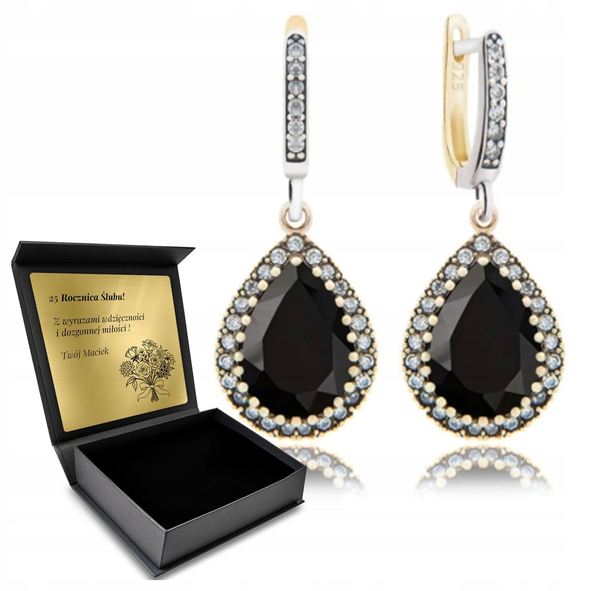 Kolczyki Srebrne Z Cyrkoniami Kamieniem Onyksem Czarne Eleganckie Grawer