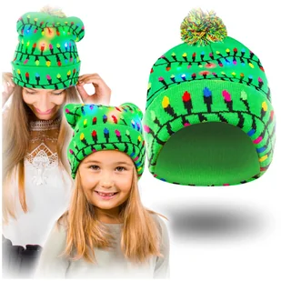 Czapka świąteczna świecąca LED z pomponem zimowa - zielona - Czapki damskie - miniaturka - grafika 1