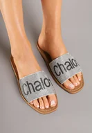 Klapki i japonki damskie - Srebrne Płaskie Klapki Ozdobione Napisem Delionel - miniaturka - grafika 1