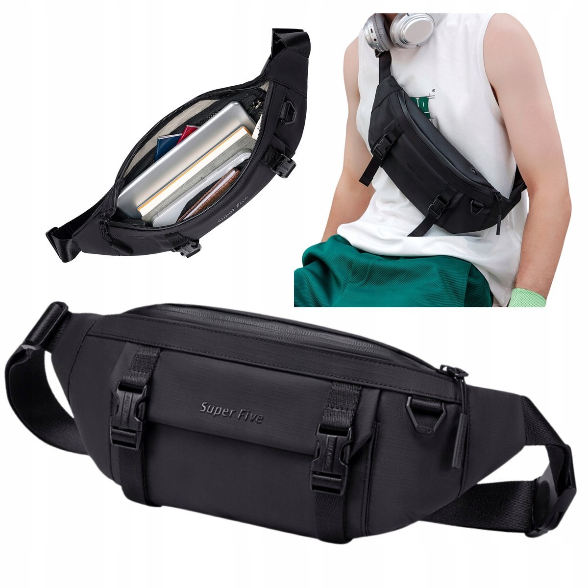 CZARNA NERKA miejska męsko damska NA PAS I RAMIĘ wodoodporna młodzieżowa