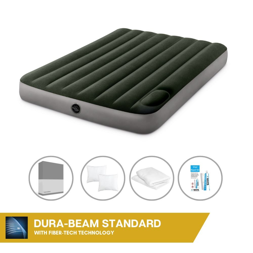 Dmuchane łóżko Intex - 2 osoby - 137 x 191 x 25 cm - Zielony - Z wbudowaną pompką nożną + prześcieradło antracytowe + poduszka + poszewki Molton 2 w 1 + zestaw naprawczy