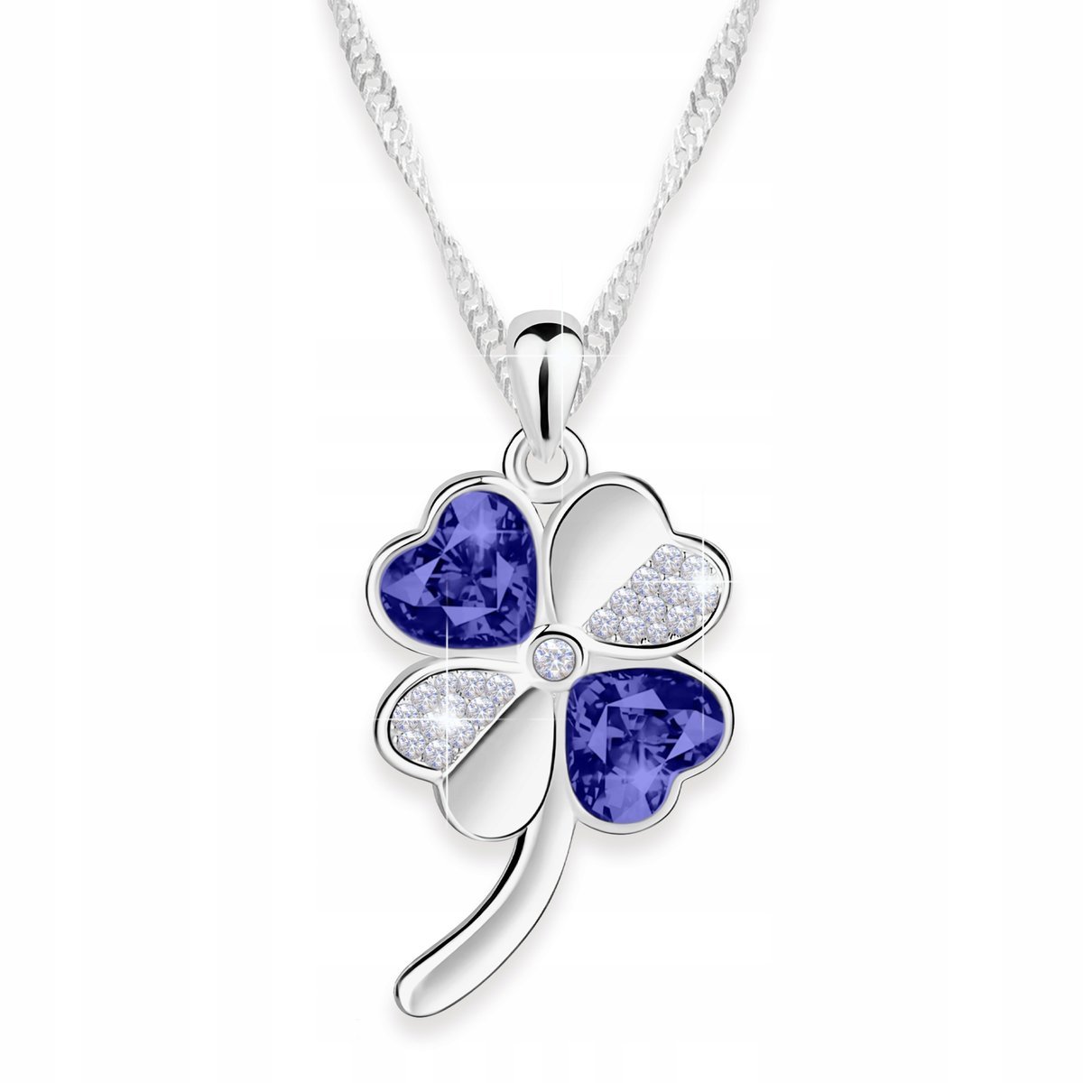 Naszyjnik Srebrny Czterolistna Koniczynka Białe Cyrkonie Kwiat SREBRO 925