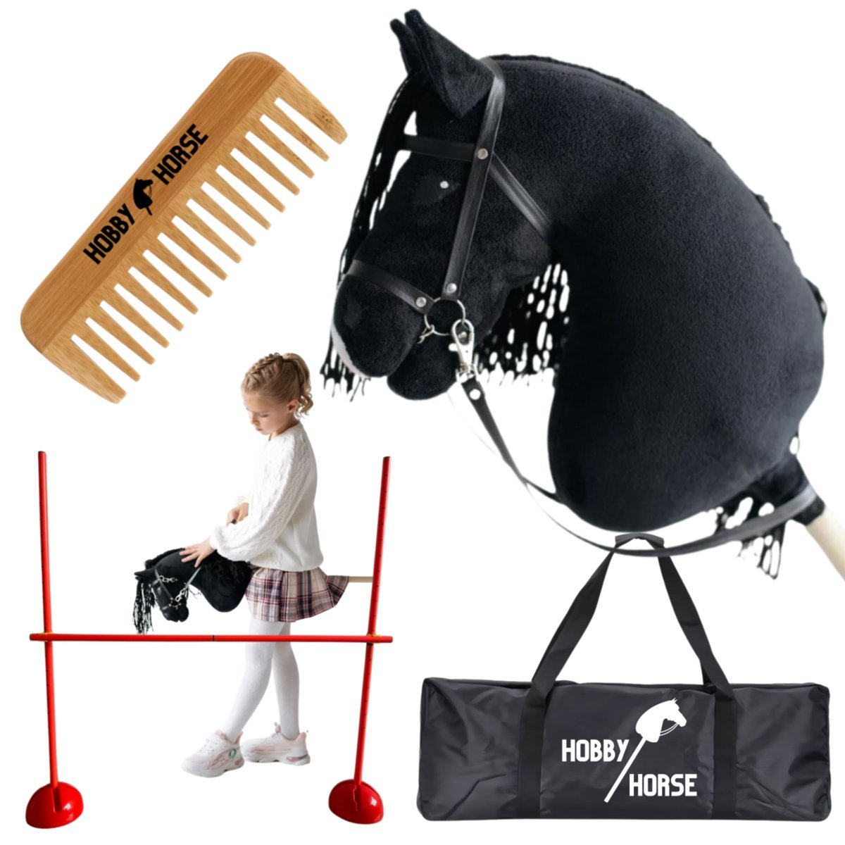 ZESTAW HOBBY HORSE KOŃ NA KIJU A3 + PRZESZKODA DO SKAKANIA 120 CM + GRZEBIEŃ [M-ZESTAW-H2-1]