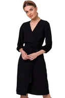 Sukienki - Sukienka elegancka kopertowa z bufiastymi rękawami czarna - Stylove - miniaturka - grafika 1
