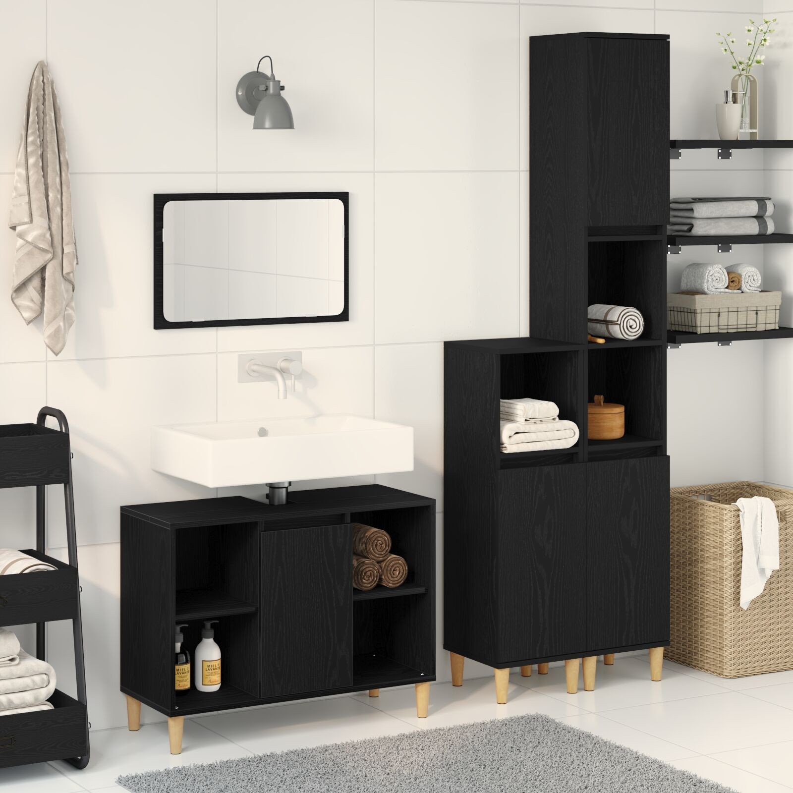 vidaXL Zestaw 3-częściowy mebli łazienkowych z czarnego dębu z materiału drewnopochodnego, vidaXL Szafka łazienkowa z czarnego dębu 30x30x190 cm z materiału drewnopochodnego, vidaXL Szafka łazienkowa z czarnego dębu 30x30x100 cm z materiału dre