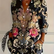 Koszule damskie - TEMU Bluzka Damska z Kwiatowym Nadrukiem - Długi Rękaw, z Żywej Różowej i Złotej Kwiatowej Dekoracją, Czarnym Tle, Idealna na Wiosnę i , Codzienna - miniaturka - grafika 1