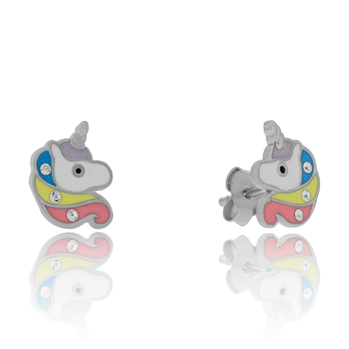 Srebrne kolczyki dziecięce jednorożec z emalią i cyrkoniami sztyfty pr. 925