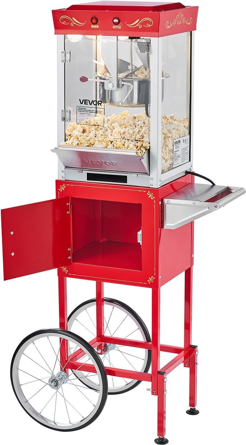 Maszynka do popcornu Maszyna do popcornu z wózkiem 800W 0,2kg styl kinowy czerwony