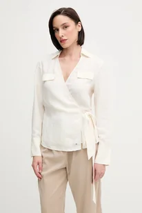 Tommy Hilfiger koszula lniana damska kolor beżowy regular z kołnierzykiem klasycznym WW0WW44697 - Koszule damskie - miniaturka - grafika 1