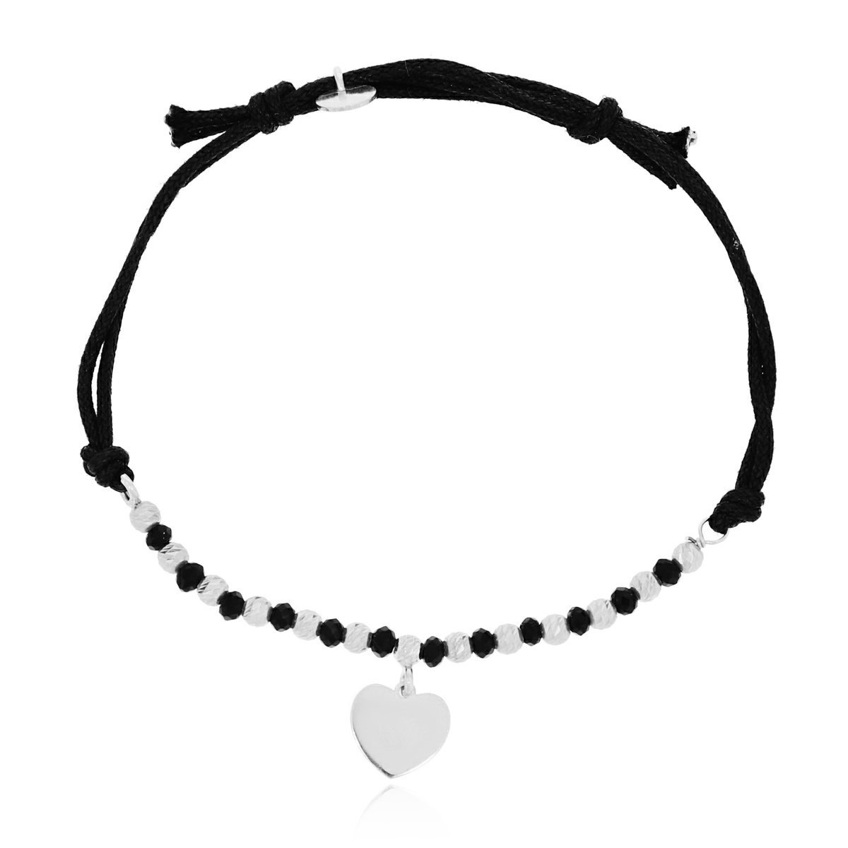 Srebrna bransoletka czarny sznurek serce
