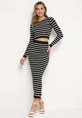 Komplety damskie - Czarno-Biały Dzianinowy Komplet w Paski Sweter i Ołówkowa Spódnica Midi Alalnine - miniaturka - grafika 1