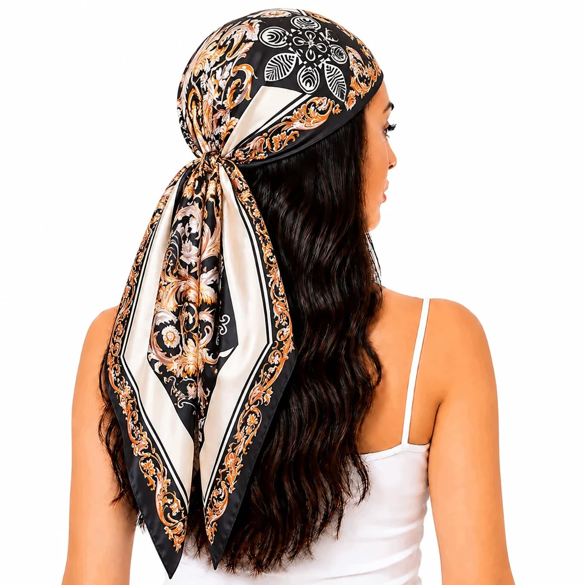 SZAL DAMSKI SATYNOWY 90X90 CM CZARNY ZE ZŁOTEM BAROKOWY ELEGANCKI BANDANA