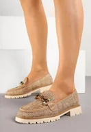 Mokasyny damskie - Brązowe Mokasyny Ozdobione Metaliczną Aplikacją Plecionką i Koralikami Lisvia - miniaturka - grafika 1
