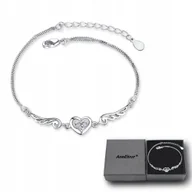 Bransoletki - Bransoletka Damska Srebrna Łańcuszki Serduszka Skrzydła Anioła Kryształki - miniaturka - grafika 1