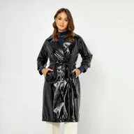 Płaszcze damskie - Damski płaszcz z ekoskóry dwurzędowy czarno - srebrny - miniaturka - grafika 1