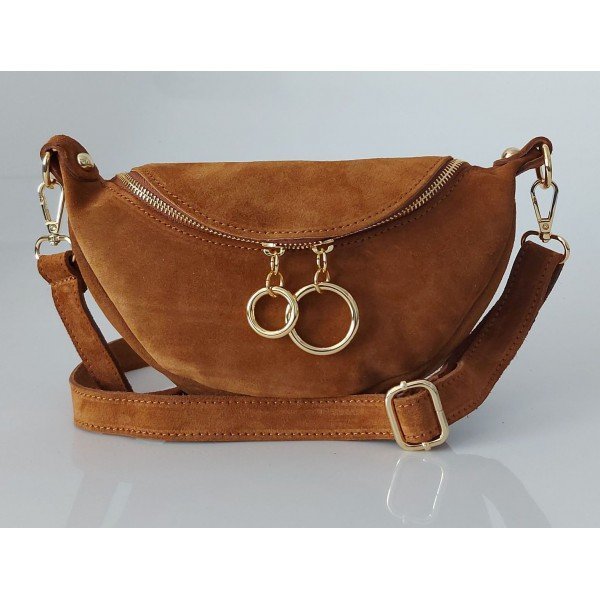 Włoska zamszowa listonoszka, nerka Vera Pelle złote okucia kółka Camel LN633C