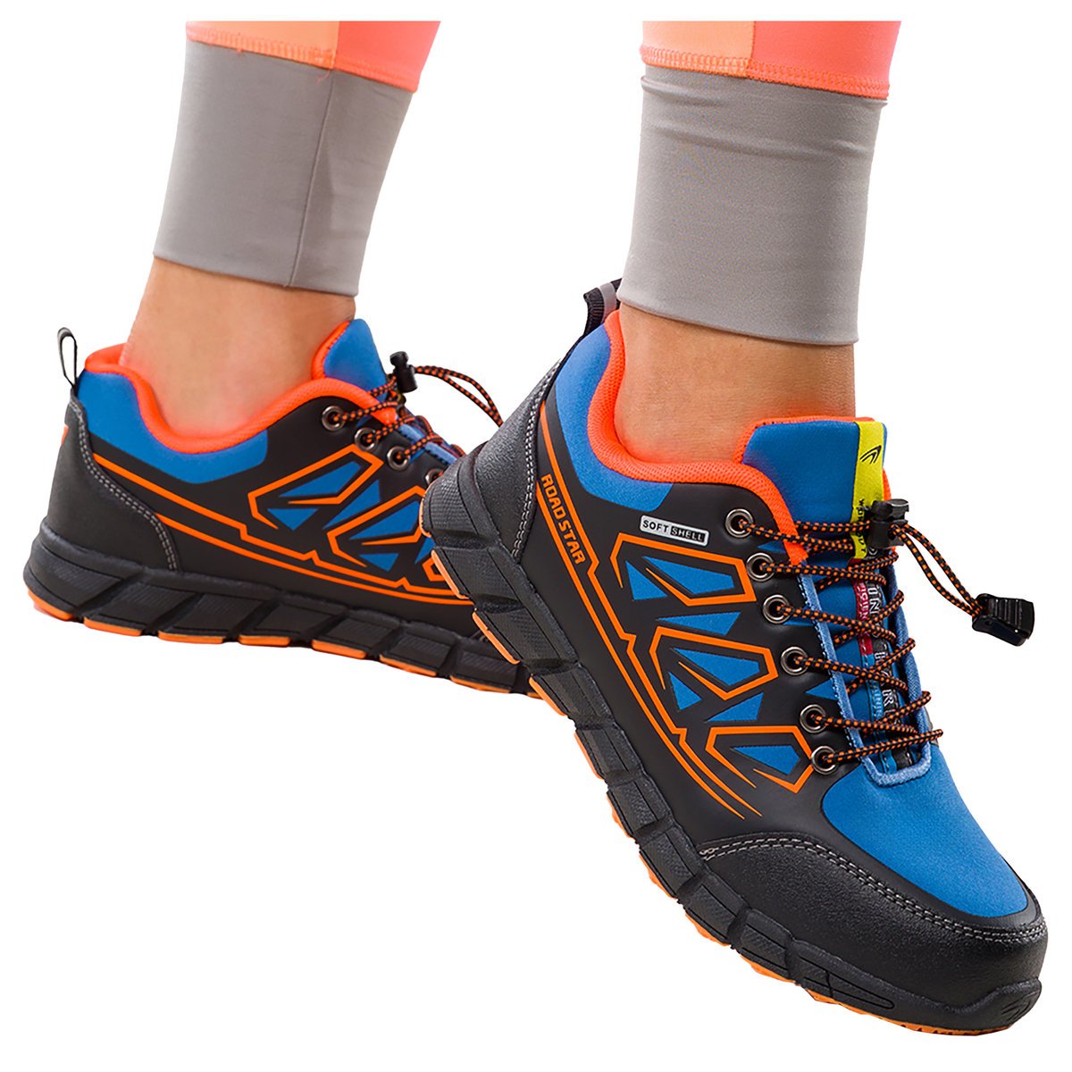 Niebieskie buty trekkingowe damskie buty sportowe na bieżnikowanej podeszwie z regulowaną elastyczną sznurówką pomarańczowe wstawki softshell Casu 2..