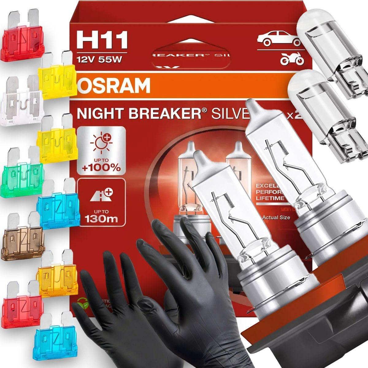 Żarówki Osram H11 Night Breaker Silver 100% W5W Led Bezpieczniki Rękawiczki