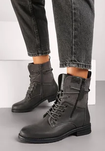 Szare Botki Workery z Łączonych Materiałów z Ozdobnym Suwakiem Debiora - Botki damskie - miniaturka - grafika 1