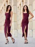 Sukienki - Linda bordowa midi sukienka dopasowana z wiązaną różą elegancka - PERFE - miniaturka - grafika 1