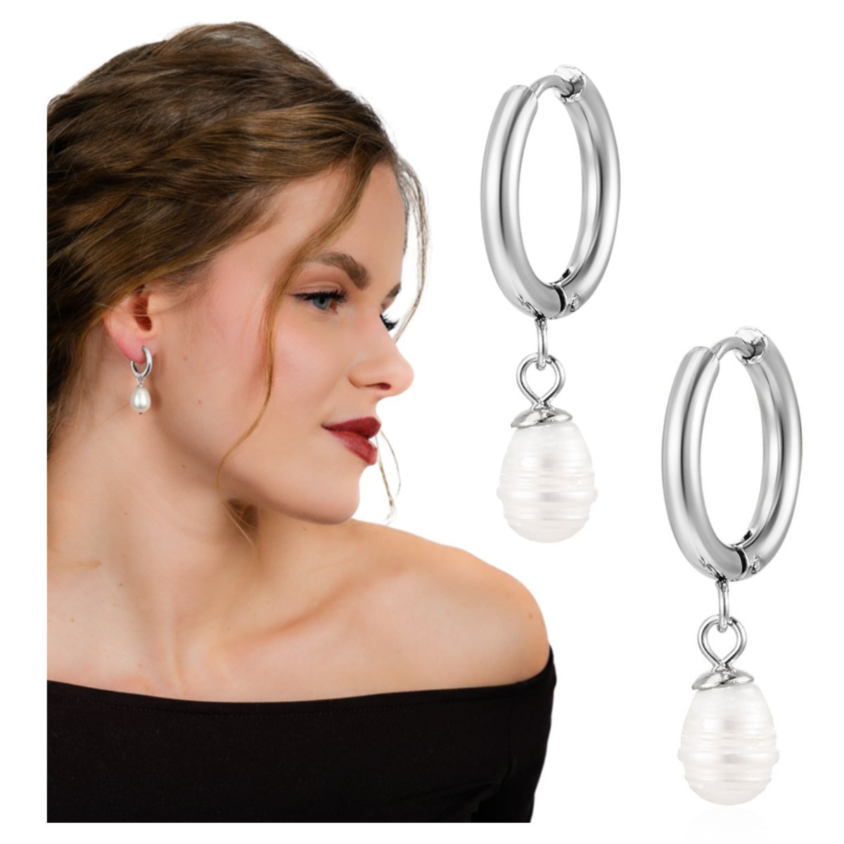 Kolczyki Długie Srebrne Wiszące z Perłą z Stali Chirurgicznej 316L Subtelne