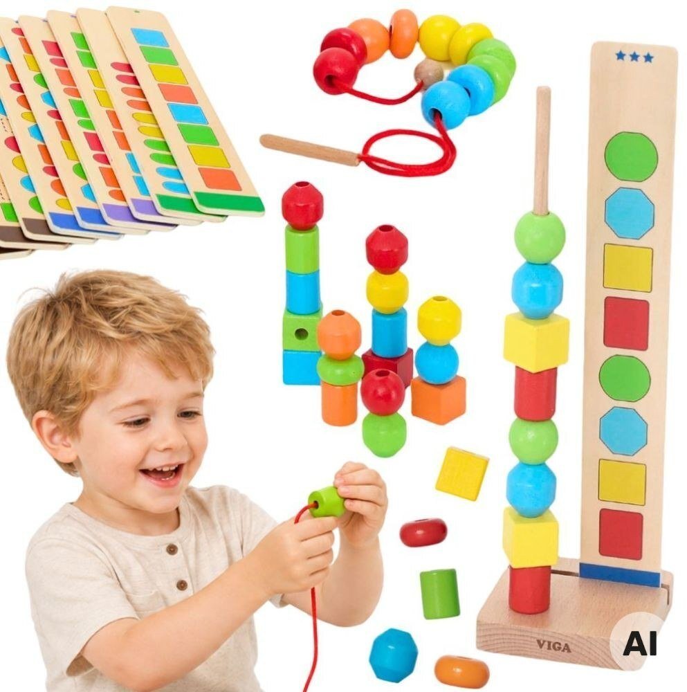 Tooky Toy VIGA Drewniane Koraliki Do Nawlekania Układanie Sekwencji Wzory 64 el. 3+