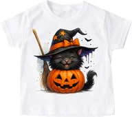 Koszulki dla dziewczynek - Biała koszulka na Dzień dyni z fajnym nadrukiem kotdynia102 - miniaturka - grafika 1