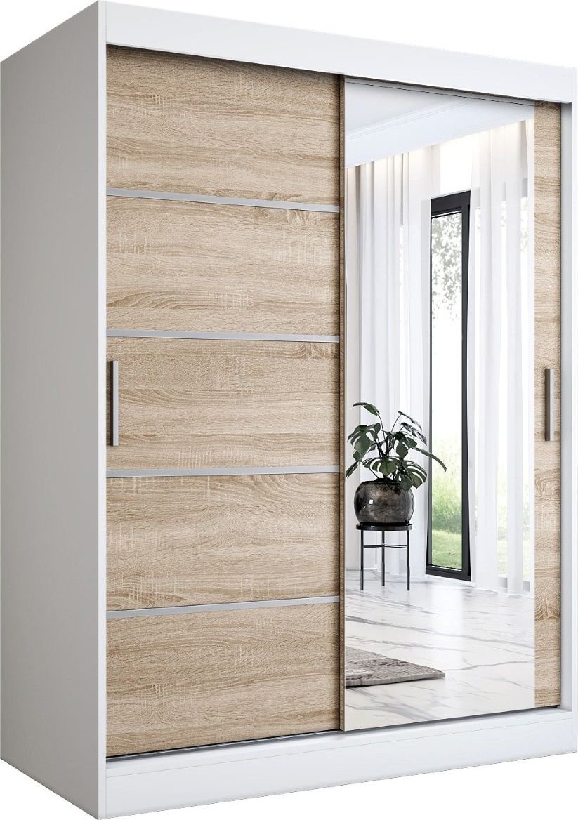 MKPOL Szafa przesuwna MODUO COMFORT 2 150 biała mat/dąb sonoma z lustrem